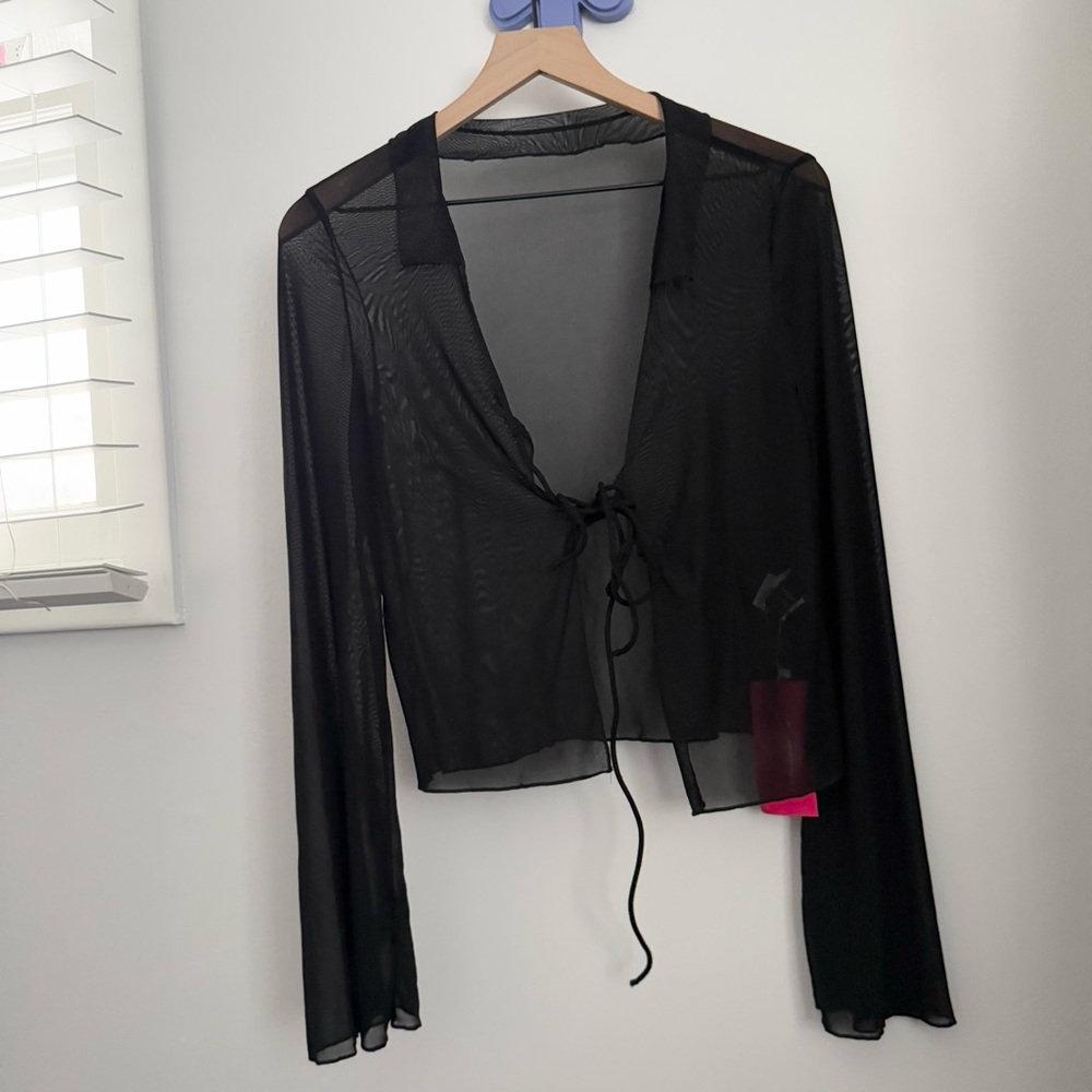 Medium NEW Black Mesh Tie Front Sheer Shrug Flare Long Sleeve Whimsigoth Vampire